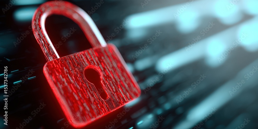 Poster glowing red padlock on dark background, illustrating digital security and data protection
