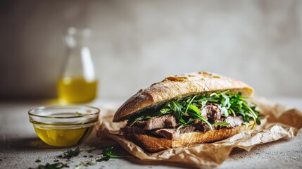 Delicious Steak Sandwich with Arugula and Olive Oil, Showcasing Culinary Arts and Food Photography
