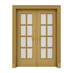 Obraz premium A golden double door with glass panels and golden handles isolated against a plain area on transparent background