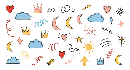 Assorted Collection of Hand Drawn Cute Doodle Design Elements