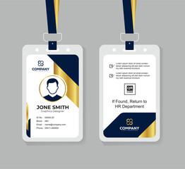Modern Navy Blue White and Gold Office ID Card Design with QR Code for Company Staff and Employee