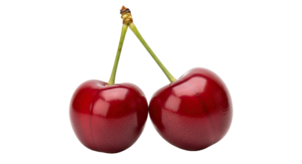 Two fresh cherries connected by green stems isolated against a plain backdrop for a clean look on transparent background
