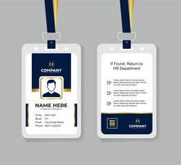Modern Navy Blue White and Gold Office ID Card Design with QR Code for Company Staff and Employee