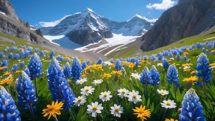 Field of wildflowers with mountain range and snowy peaks backdrop