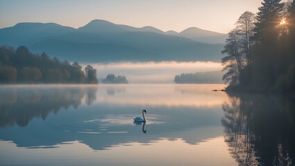 Swan swimming on misty lake surrounded by mountains at sunrise