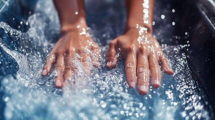 Fototapeta premium Close-up of hands immersed in clear water, with splashes and glare of light. Descent into the pool from the water slide. Head-down descent into the pool from the water slide.