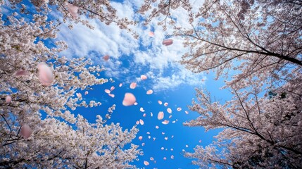Cherry blossoms in a spring sky, petals gently falling.