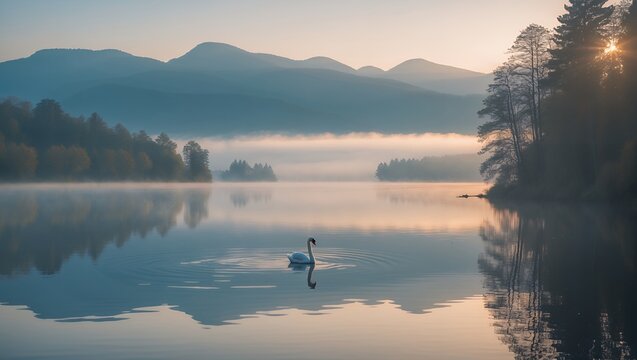 Swan swimming on misty lake surrounded by mountains at sunrise