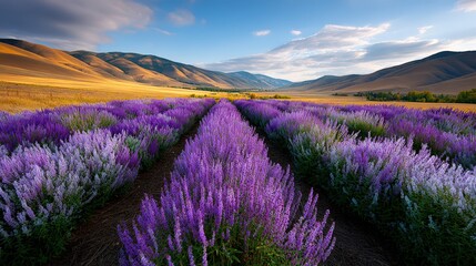 Obraz premium Lavender Field Leading to Golden Hills Under a Blue Sky, Showcasing Natural Beauty and Serenity