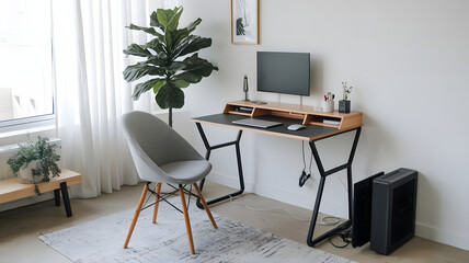 A portable flat-pack workstation for remote freelancers, including magnetic desk setup, folding legs, and cable organization, high-tech wood finish, white background