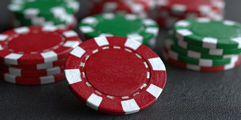 Stacks of Red and Green Poker Chips on Grey Surface, Symbolizing Gambling and Risk Taking