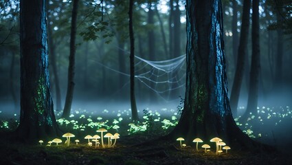 Glowing Mushroom Patches in a Mystical Forest with a Spiderweb