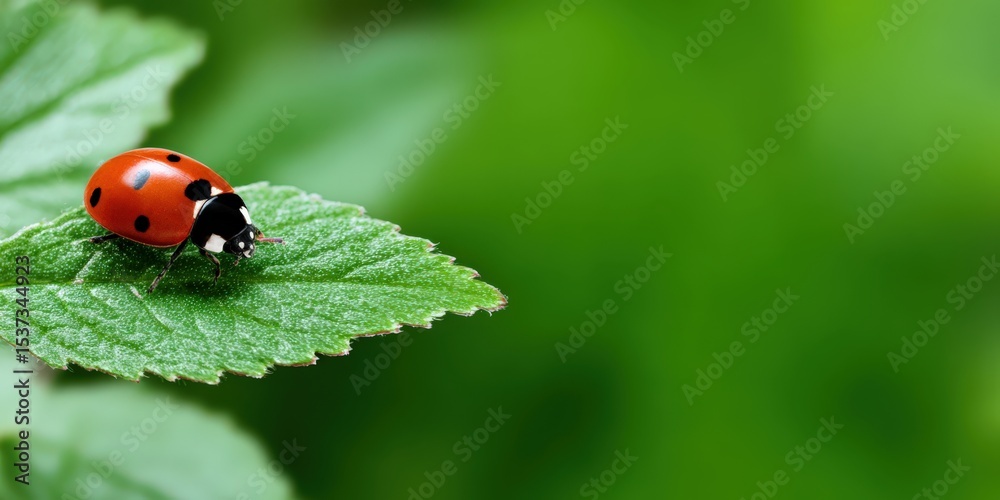 Poster ladybug resting on green leaf with blurred background, representing nature and springtime