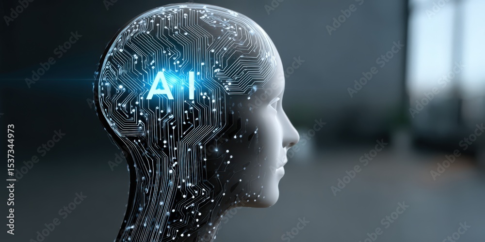 Poster Artificial Intelligence Head With Circuit Board Pattern, Representing Technology and Innovation