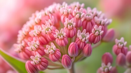 Breathtaking Detailed Closeup of Delicate Pink Milkweed Highlighting Prominent Buds and Radiant Vibrant Natural Hues