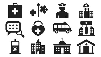 Collection of medical and healthcare icons representing various facilities and emergency services