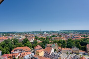 Fototapeta premium View of České Budějovice from the Black Tower, sunny day in June