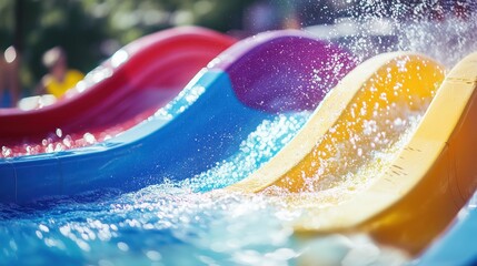 Bright colorful water slides with splashes of water and sun glare create an atmosphere of summer fun and outdoor activities. The close-up captures the movement of the water and the feeling of speed.