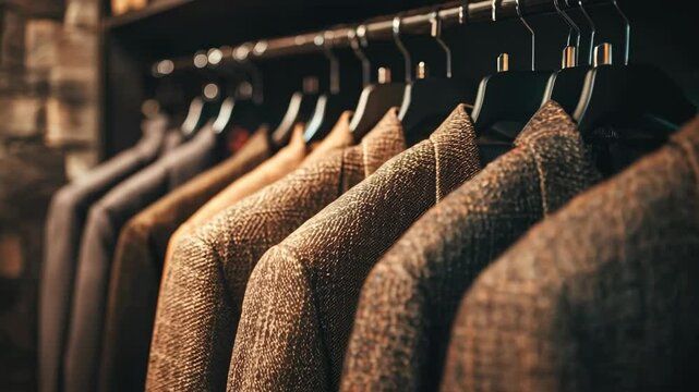 Elegant row of textured menswear jackets displayed on hangers in gentle light