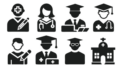Collection of medical professionals and graduates in black and white icon set
