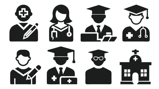 Collection of medical professionals and graduates in black and white icon set - Powered by Adobe