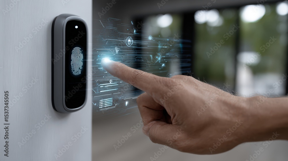 Poster finger scanning biometric device for secure access, illustrating modern technology and security solu