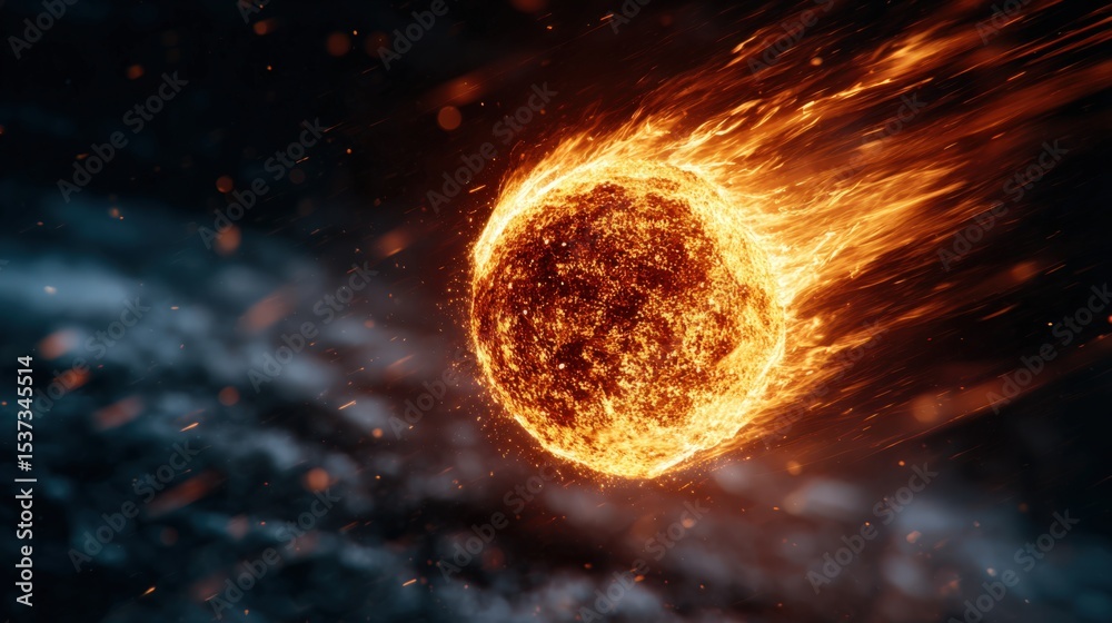 Poster Fiery Comet Streaking Through Space With Burning Tail, Representing Cosmic Power and Energy Source
