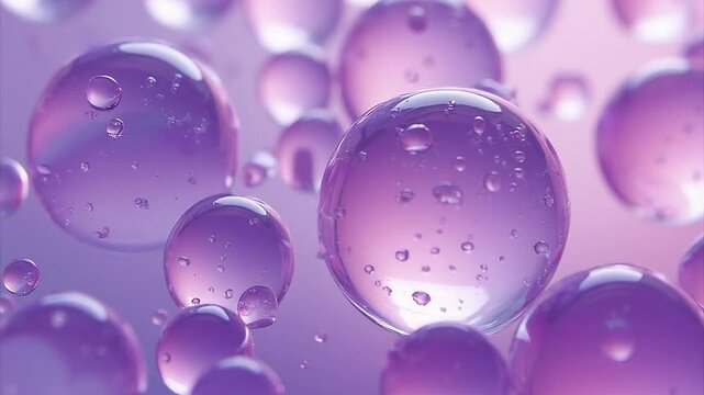Smooth translucent balls drift weightlessly in a pastel fluid. Each sphere contains delicate microbubbles suspended in motion. The video evokes skincare, wellness, and futuristic design.