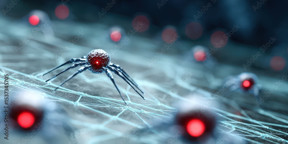 Poster cybernetic spiders crawling on a network, illustrating artificial intelligence and digital connectiv