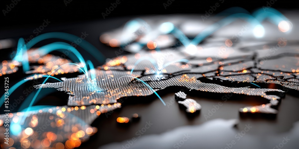 Poster europe map with glowing network connections, illustrating global communication and technology soluti