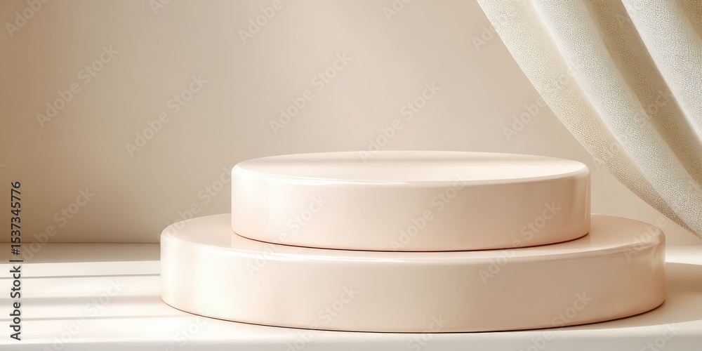 Poster two tiered beige product display podium with curtain, ideal for mockups and minimalist design