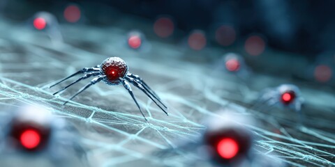 Cybernetic Spiders Crawling on a Network, Illustrating Artificial Intelligence and Digital Connectivity