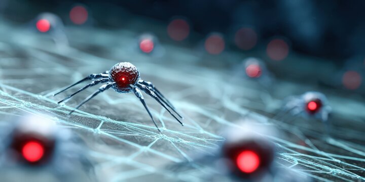 Cybernetic Spiders Crawling on a Network, Illustrating Artificial Intelligence and Digital Connectivity