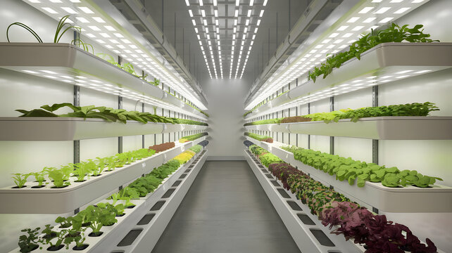 A conceptual indoor vertical farming unit for apartments with LED light panels and hydroponic trays, futuristic urban agriculture system, side view, white background