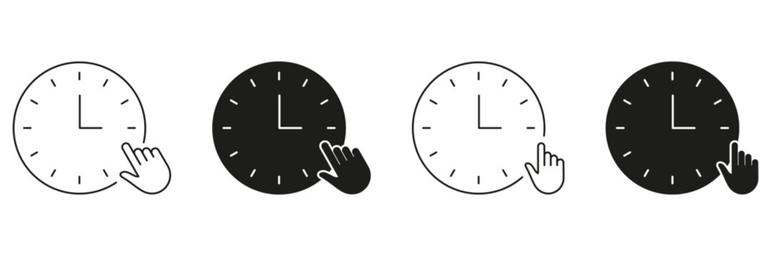 Clock With Hand Pointer Line And Solid Icon Set. Time Management, Scheduling, And User Interaction Symbol Collection. Concept Of Setting Alarms And Reminders. Isolated Vector Illustration