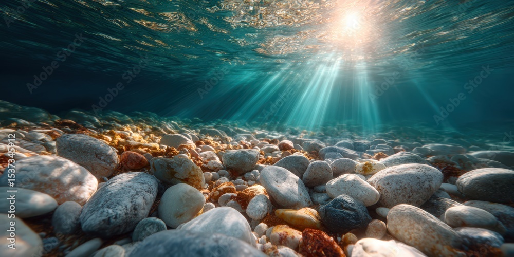 Poster underwater view of sunlight streaming through clear water, representing ocean exploration and tranqu