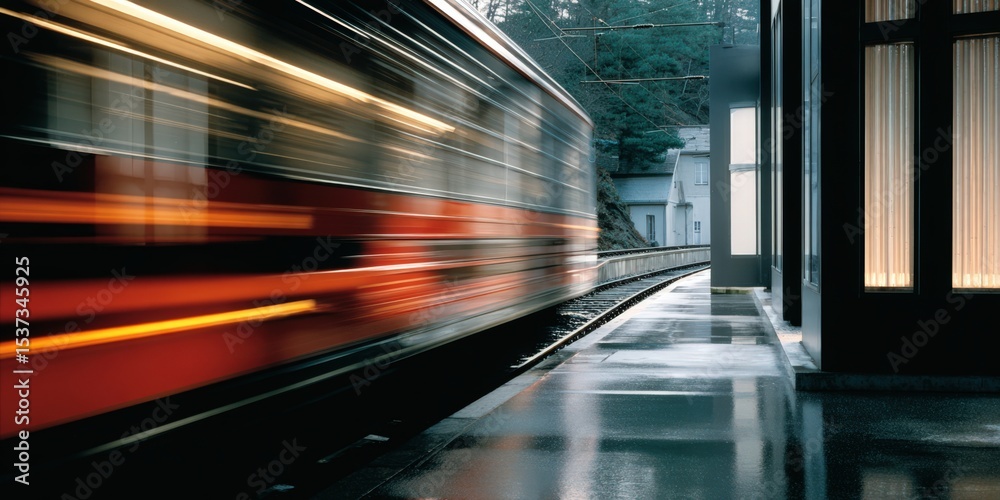 Aufkleber fast train passing through station platform with motion blur, illustrating urban transit and speed