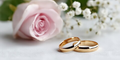 Two Golden Wedding Rings With Pink Rose, Representing Commitment, Love, and Romantic Celebration