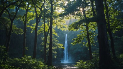 Fototapeta premium Waterfall flowing through lush green forest with sun rays shining through