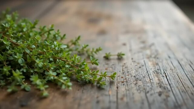 Fresh Thyme Sprigs on Wood.