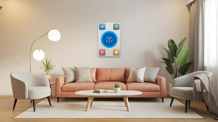 A minimalist wireless wall switch panel with touch-sensitive zones and customizable backlight color modes, isolated on white, modern home tech concept