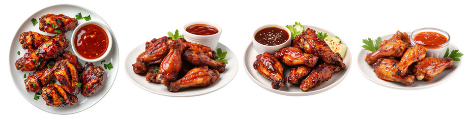 Collection of grilled chicken wings with sauce on plates, isolated on a transparent background