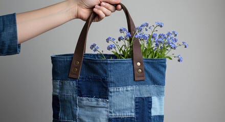 Denim Bag With Flowers Held By Woman