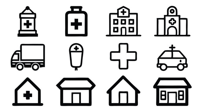 Simple healthcare icons representing hospitals medical services and related supplies