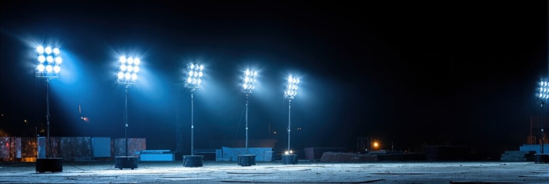 Several portable light towers illuminating a large outdoor area at night. Powerful floodlights on construction site.