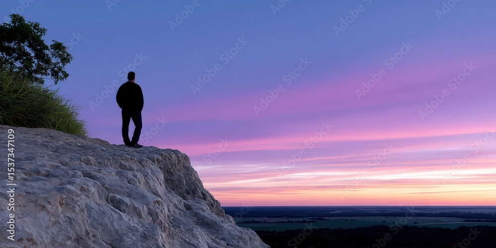 Poster man standing on cliffside overlooking landscape at sunset, representing serenity and exploration