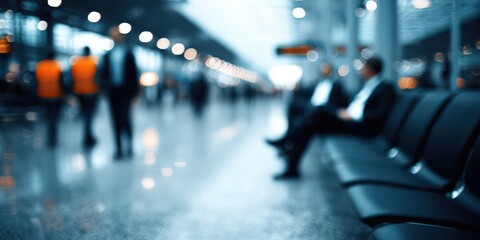 Fototapeta premium Blurred Business People in Airport Terminal, Representing Corporate Travel and Global Connections