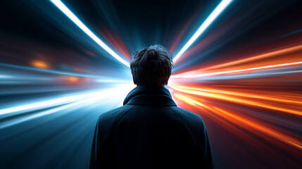 Abstrakte Darstellung einer Person in einem Tunnel aus Lichtstreifen und Bewegungsunschärfe