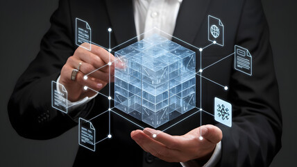 An abstract business firewall represented as a transparent cube of encrypted data blocks, surrounding floating financial icons and contract files, digital security concept