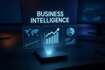 Business intelligence concept futuristic hologram of data analytics and global financial growth visualization on a dark desk environment